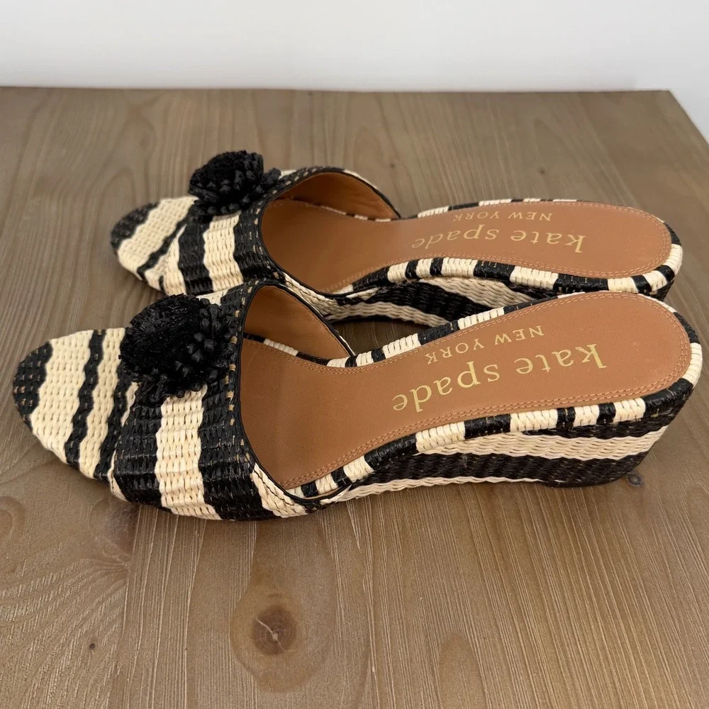 Kate Spade Leather Seville Black Striped Raffia Wedge Sandals Pom Pom Womens 9.5